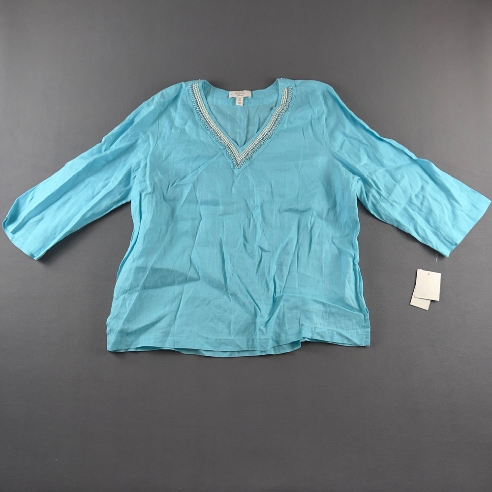 Charter Club Luxury Linen Beaded V-Neck Top Turquoise Blue Petite XL NWT